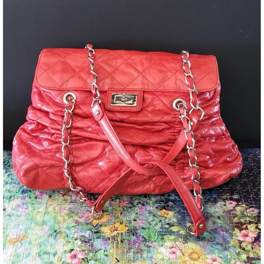 Red Quilted Stitched Fold Over Shoulder Bag Silver Hardware Double Handled Purse
